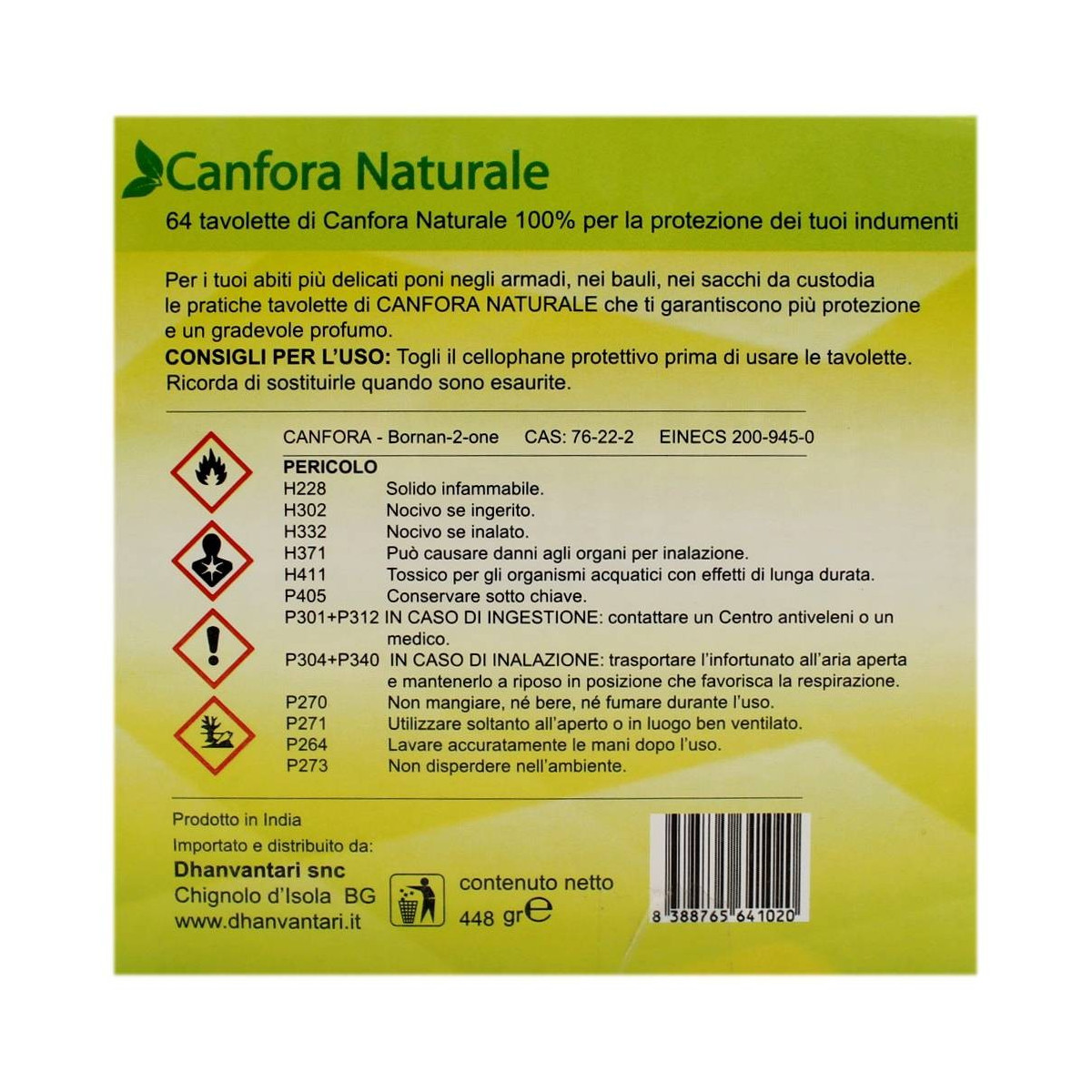 Dhanvantari Canfora Naturale Indiana In Tavolette 64 Pz