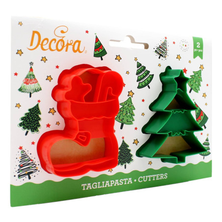 DECORA TAGLIAPASTA IN PLASTICA ALBERO DI NATALE E SCARPONE 8X6.5X2 CM 2 PZ