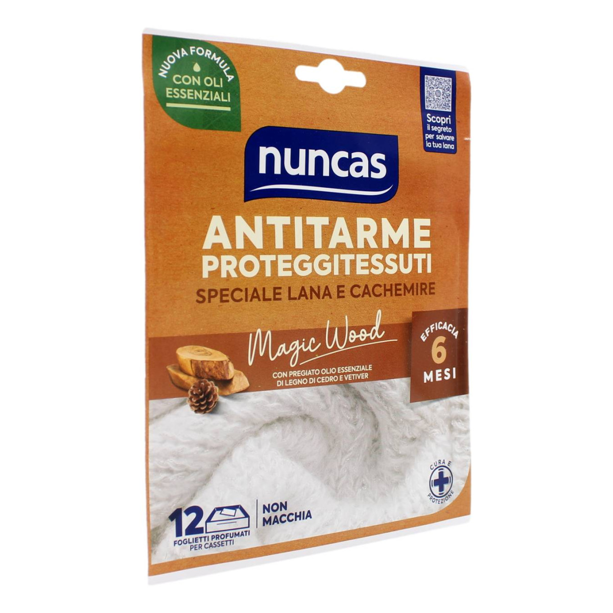 NUNCAS ANTITARME PROTEGGI TESSUTI SPECIALE LANA E CACHEMIRE MAGIC WOOD 12 FOGLIETTI