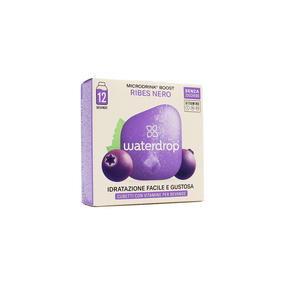 WATERDROP CUBETTI CON VITAMINE PER BEVANDA AL RIBES NERO SENZA ZUCCHERO 12 PZ