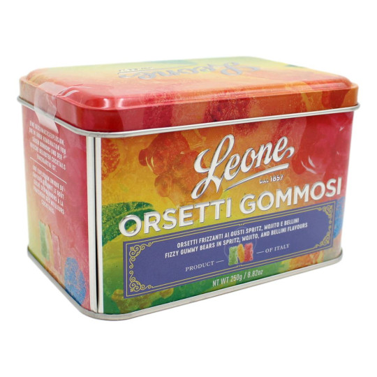 LEONE LATTA CON ORSETTI GOMMOSI FRIZZANTI AI GUSTI SPRITZ, MOJITO E BELLINI 250 GR