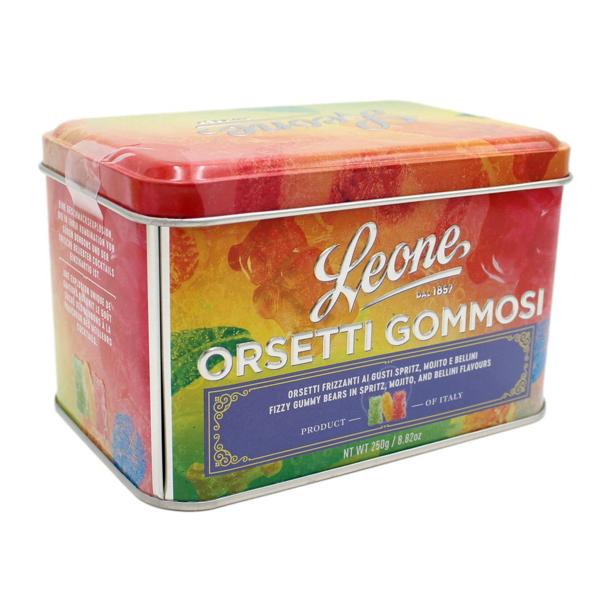 LEONE LATTA CON ORSETTI GOMMOSI FRIZZANTI AI GUSTI SPRITZ, MOJITO E BELLINI 250 GR