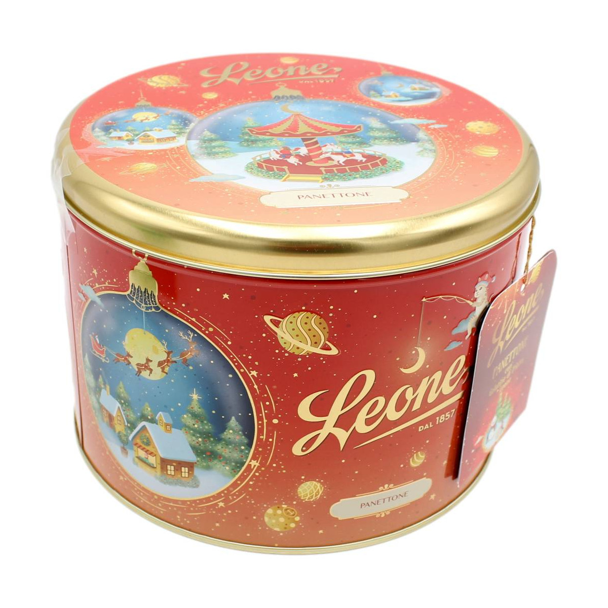 LEONE PANETTONE CON GELATINE DI FRUTTA IN CAPPELLIERA DI METALLO 750 GR